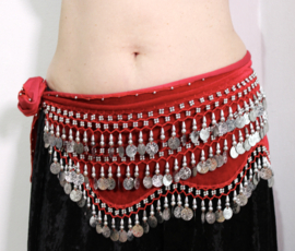 Buikdansgordel ROOD fluweel met ZILVEREN muntjes en kralen haakwerk versierd - G31 - L, XL