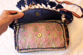 23cm x 13 cm x 6cm - One of a kind Bohemian hippy chic purse patchwork, tassels NAVY6 GOLD WATER COLORS paisley design