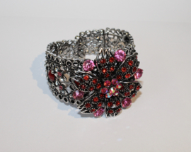 Strass metal frame bracelet  "Flower 3" RED PINK SILVER diamanté - Bracelet étincelant ROUGE ROSE ARGENTÉ en forme  fleur, décoré richement de strass diamanté