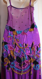 38/40 M/L - Baladi dress PURPLE stretch lycra, beaded fringe and sequins  TURQUOISE, GOLD, PINK decorated - Robe baladi VIOLETTE DORÉE NOIRE