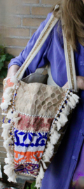 Patchwork Banjara Boho India hippie tas tote bag WIT11 GOUD FLUO ORANJE parels bloemen met kwastjes en kraaltjes