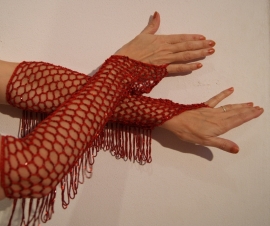 H2-2 - Sparkling crocheted knitted beaded gloves RED, RED beads and fringe decorated