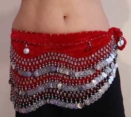 G26 - Bellydance hipbelt, velvet coinbelt with Nazar Boncugu Good Luck eyes - Foulard velours ROUGE, sequins ARGENTÉS