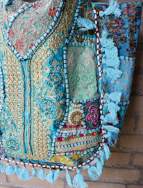 Patchwork Banjara Boho India hippie tas tote bag TURQUOISE7 rijk GOUDgeborduurd met kwastjes, kraaltjes en glitter