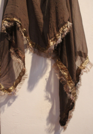 Setje 2-delig: GOUDEN hoofdbandje + BRUINE haremsluier, kindersluier, rechthoekig sjaaltje, afgeboord met GOUDEN franje band 185 cm x 55 cm