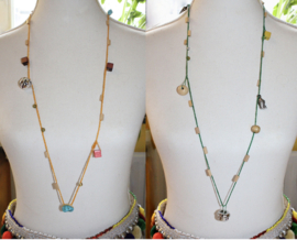 2-piece necklace set, one YELLOW, one GREEN: crocheted necklace with a variety of wooden beads, turquoise beads, shell, fish and a bell