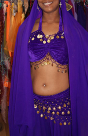 2-piece Bra ( S, M, L, XL) and belt (XL, XXL, XXXL) set of PURPLE velvet, GOLDEN coins decorated