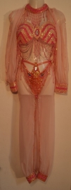 Harem costume SOFT PINK - GOLD : harempants + fully sequinned bra with chiffon sleeves + sequinned necklace Size 38/40