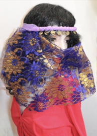 ROYAL BLUE GOLDEN lace facial veil and LILAC PURPLE, GOLDEN coins decorated headband - Voile 1001 Nuits