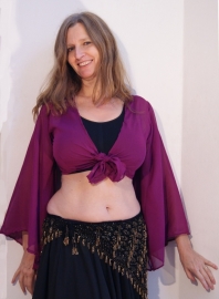 Chiffon tie top, "bat top" with very wide sleeves DARK MAGENTA / PURPLE