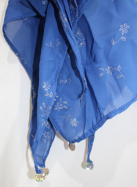 Asymmetrisch, semi transparant, puntenrokje BLAUW met ZILVEREN bloemetjes, chiffon- one size fits S, M, L, XL - size 36/38/40/42