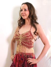 Glitter vlindertop BORDEAUX / DONKERROOD met GOUDEN kraaltjes versiering en kralenfranje - M, S, XS