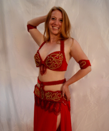 6-piece sophisticated Egyptian Bellydance costume RED GOLD, with waist band