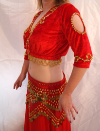 RED velvet bellydance blouse, GOLDEN or SILVER beads and sequins decorated