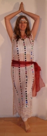 M L XL - 3-piece Cleopatra set : transparent net dress WHITE + matching hip shawl + headband with coins