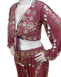 ​Sparkling 2-piece 1001 Night Harem outfit, Indian princess style: WINERED / BURGUNDY tie top + harempants - one size fits M, L, XL