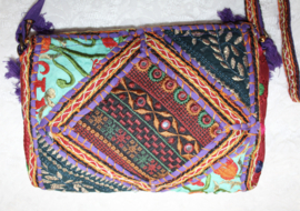 Unieke Boho hippie chic handtas patchwork kwastjes rits drukknoop PAARS7 GOUD ORANJE AQUAGROEN - 23 cm x 13 cm x 6 cm