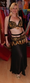 6-delig buikdanskostuum fluweel uit Egypte met taillebandje ZWART GOUD - L, XL XXL - 6-piece Egyptian bellydance costume BLACK GOLD