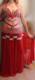 Kompleet 5-delig buikdanskostuum fluweel uit Egypte met taillebandje "Valentijn" rood/wit