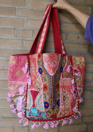 Patchwork Banjara Boho India hippie tas tote bag strandtas LICHTROZE2 FUCHSIA GOUD, met kwastjes en kraaltjes