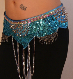 Tribalicious : 2-piece set sequinned Bra + hipbelt TURQUOISE SILVER, studs and chains decorated