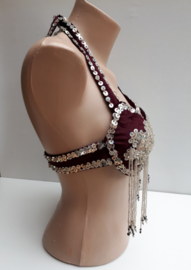 DEEP PURPLE / EGGPLANT COLOR velvet bra, SILVER sequinned flowers and beaded fringe decorated