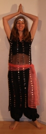 S M L - 3-piece Cleopatra set : transparent net dress BLACK SILVER + matching hip shawl + headband with coins