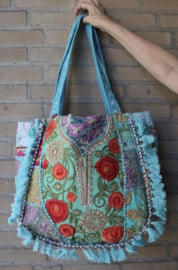 One of a kind Richely embroidered, spacious, Banjari Indian Bohemian XL Bag TURQUOISE ORANGE flowers,  GOLD textile, with zipper and mirrors.