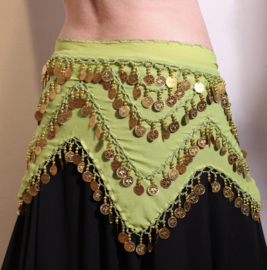 G38 - 4-points coinbelt LIGHT GREEN  / LIME chiffon, crochet decoration with golden beads and coins