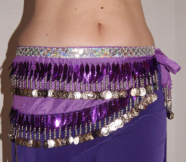 Basic hipbelt for bellydancers, SILVER beads, coins and leaves decorated. PURPLE LILAC hip shawl, SILVER Glitterband decorated