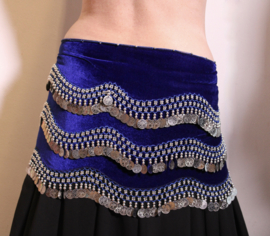 one size - ROYAL BLUE velvet bellydance coinbelt, SILVER beads and sequins decorated