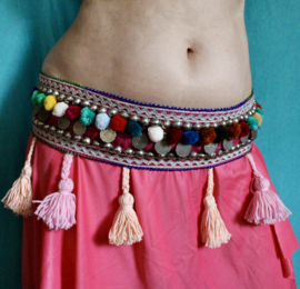 Hipbelt tribal fusion  Tr15 PINK, AQUA, BLUE, GREEN, EARTH, SILVER, MULTICOLOR with pom poms, tassels and authentic ethnic tribal coins