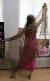 BLACK, rectangular, lace veil, GOLDEN flowers embroidered + matching hip shawl /headband - 240 cm x 105 cm