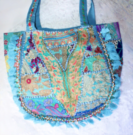 Banjari Indian Bohemian Hippy Tote Bag TURQUOISE5 BLUE GOLD flowers, tassels and beads decorated