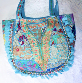 Patchwork Banjara Boho India hippie tas tote bag strandtas TURQUOISE5 GOUD BLAUW, bloemetjes, met kwastjes en kraaltjes