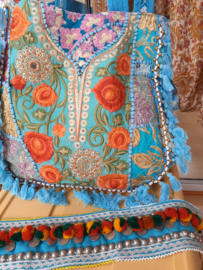 One of a kind Richely embroidered, spacious, Banjari Indian Bohemian XL Bag TURQUOISE ORANGE flowers,  GOLD textile, with zipper and mirrors.