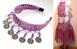 Glitter Luxe Buikdanskostuum met muntjes meisjes 3-delig : topje, GLITTER-DIADEEM en ROKJE (4-8 jaar)  ROZE ROSE - ZILVER