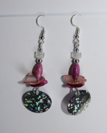 Silver mirrored sequin earrings, PINK beads and abelone shell decorated