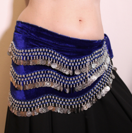 one size - ROYAL BLUE velvet bellydance coinbelt, SILVER beads and sequins decorated