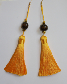 One of a kind Statement earrings with big satin tassels GOLDEN YELLOW, with DARK BROWN and GOLDEN beads - Boucles d'oreilles Extra Long - Extra Large pompons satin JAUNE DORÉ aux perles MARRON et DORÉ