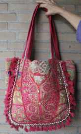 Patchwork Banjari Indian Bohemian Tote Bag strandtas FUCHSIA ROZE10 met rijkelijk GOUDEN borduursel