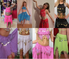 (8-13 years old) - 3-pce bellydance costume girls BRIGHT PINK, TURQUOISE, BLUE, PURPLE, RED, BLACK, WHITE : top + headband + skirt