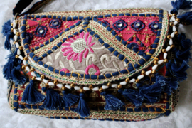 One of a kind  Bohemian hippy chick purse, NAVY6 GOLD RED GREEN multicolor patchwork and embroidery - 23cm x 13 cm x 6cm