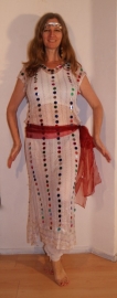 3-delig Cleopatra ensemble : transparante netjurk/tuniek WIT+ bijpassend heupsjaaltje + hoofdbandje met muntjes - M L XL - 3-piece Cleopatra set : transparent net dress WHITE + matching hip shawl + headband with coins