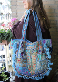 Patchwork Banjara Boho India hippie tas tote bag strandtas TURQUOISE5 GOUD BLAUW, bloemetjes, met kwastjes en kraaltjes