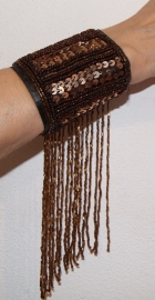one size - Arm cuff / wrist band fully sequinned with beaded fringe DARK BROWN