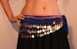 G54 - M/L  XL/XXL - Coinbelt for bellydancing, velvet crocheted decorated with beads, coins and glitter band ROYAL BLUE GOLD