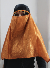 one size fits all - 1001 Night Facial veil Nikab ORANGE BRASS GOLD color with motive, headband attached - Niqab ORANGE, Voile 1001 nuits