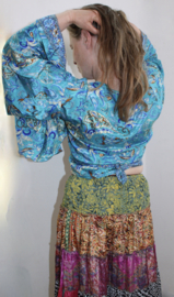 Zijden wikkeltopje met wijd uitlopende trompetmouwen TURQUOISE India - one size fits S, M, L, XL
