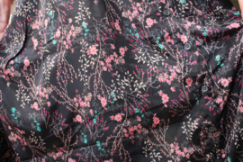 BLACK silk flowered Bohemian skirt, PINKISH ORANGE flower design - M Medium, L Large, Extra Large